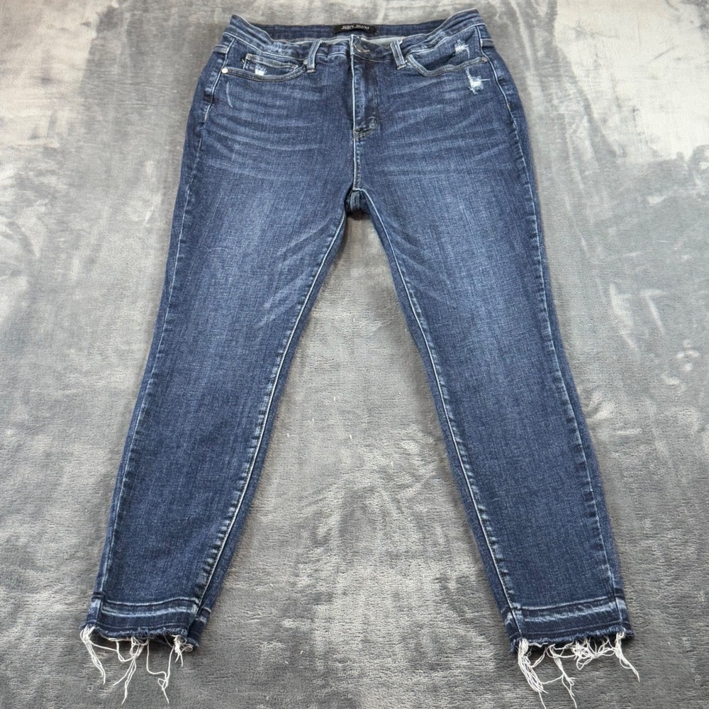 Judy Blue JB88417 Women Dark Wash Distressed Raw Hem Skinny Jeans Size 15/32